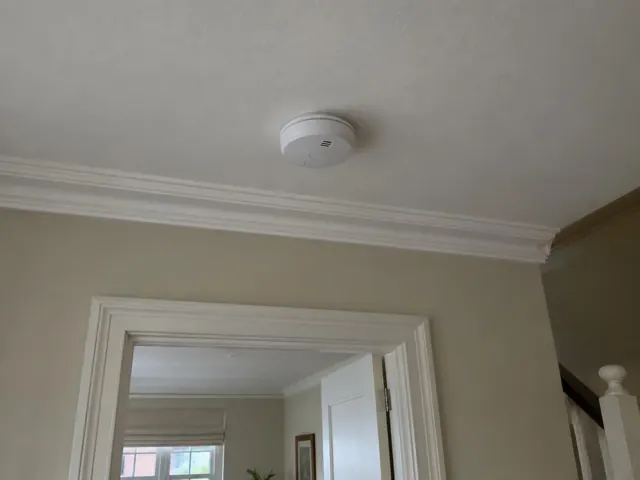Ceiling-mounted smoke alarm in a hallway with decorative cornices in Randwick