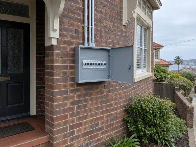 External switchboard on a brick house wall beside a front door and window in Coogee